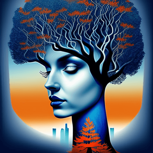 AI generated: a design of a woman's head with tree on her head, in the style of surreal city scenes, dark blue and...