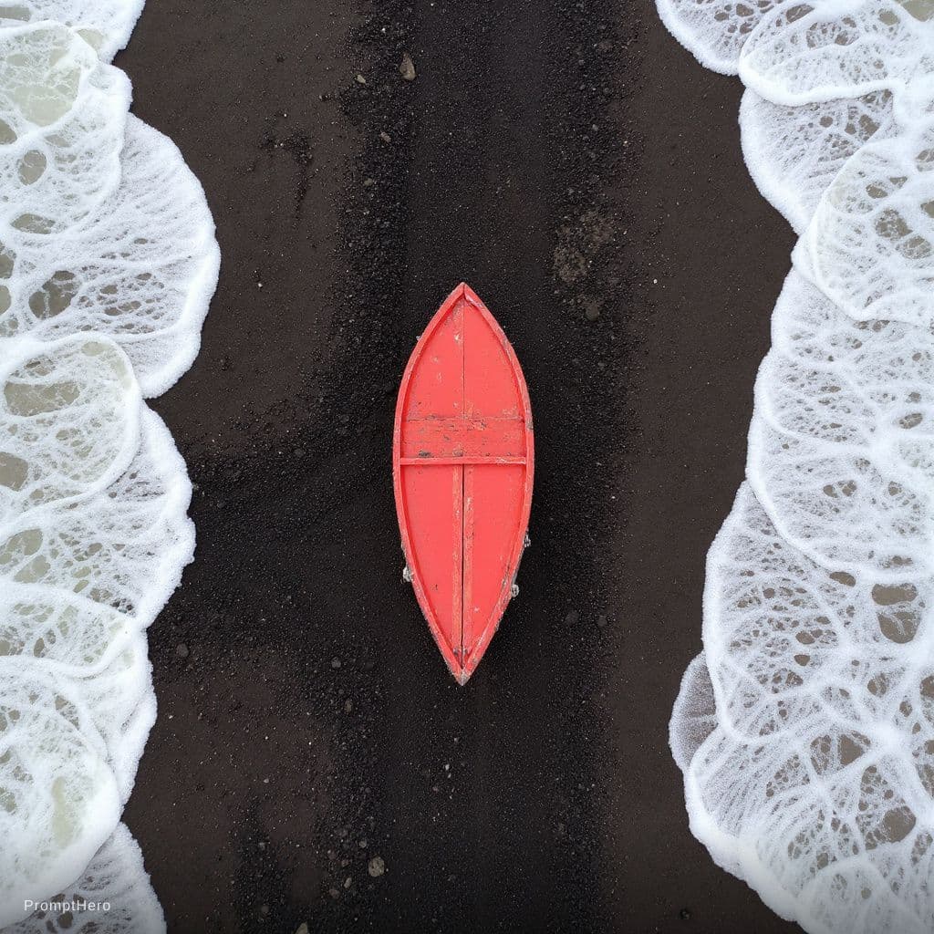 AI generated: small, red wooden boat rests on a dark, volcanic beach.  The boat is centered in the image, position...