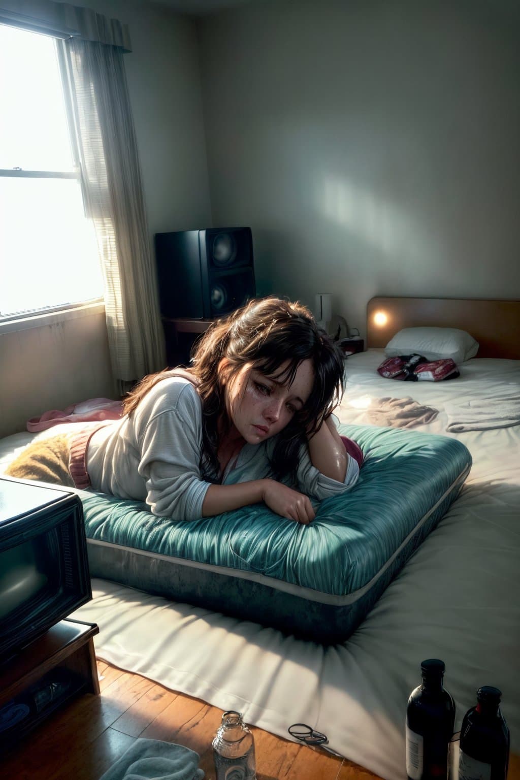 AI generated: (the day after, the hangover:1.3), hotel room interior, messy, clothes on the floor, empty bottles, ...