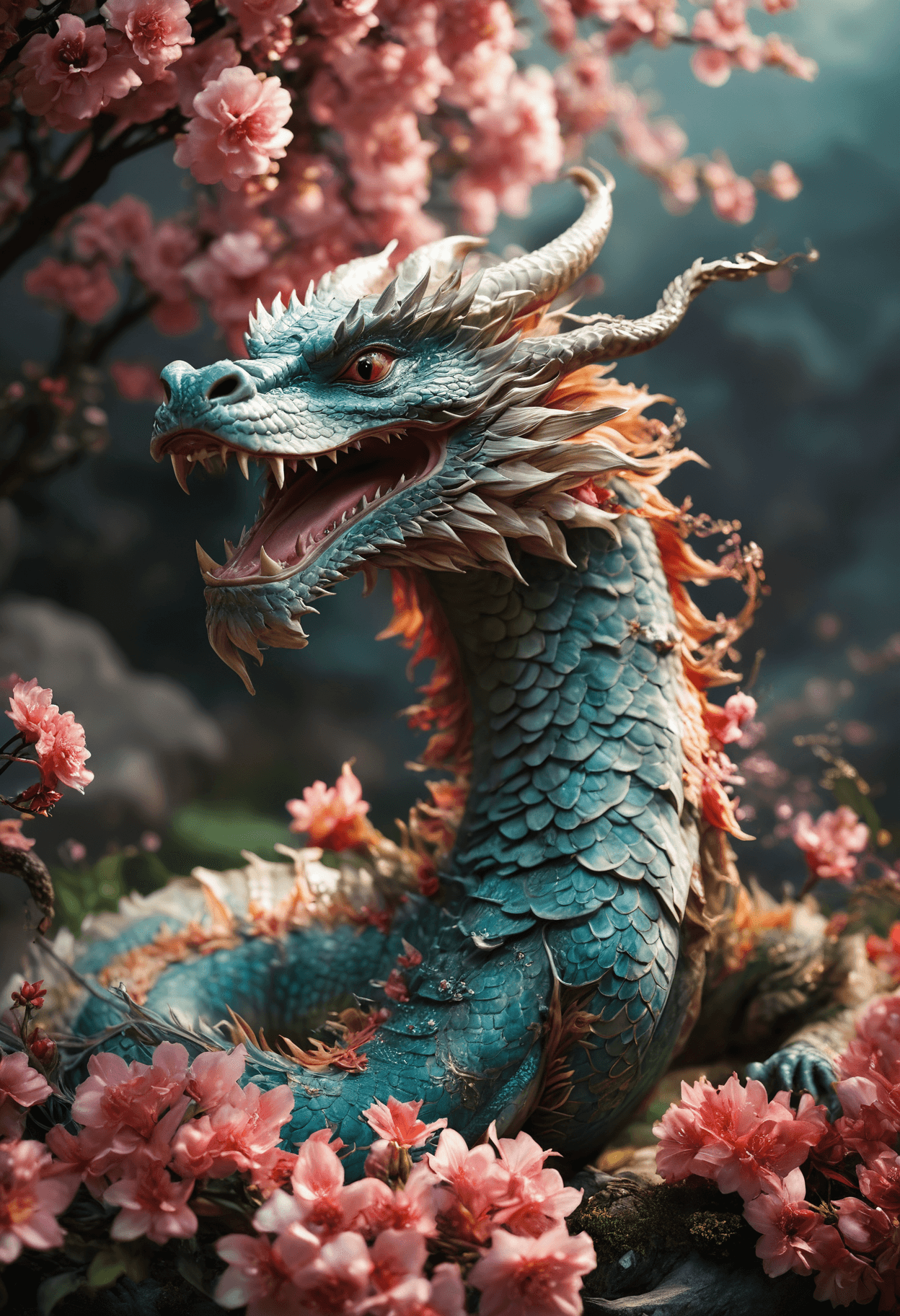 AI generated: cinematic film still a chinease dragon surrounded by flowers, the dragon has a long body akin to a s...