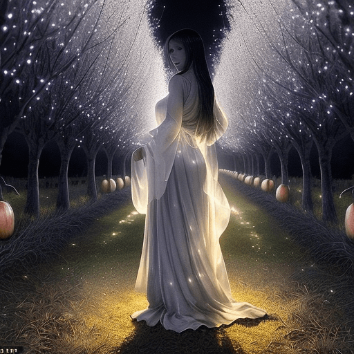 AI generated: Under a full moon's silver glow, a woman wanders through an orchard where the fruits glow softly, ea...