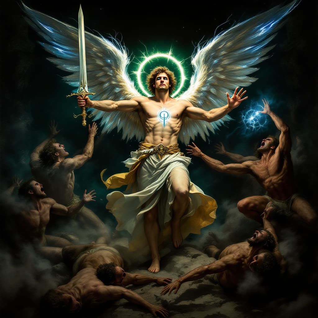 AI generated: Archangel Michael should be depicted with an even more commanding presence, his enemies more vividly...
