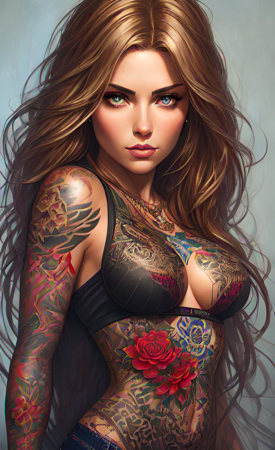 AI generated: Beautiful attractive fantasy female anime portrait, visible vivid rose tattoos, ultra realistic, hyp...