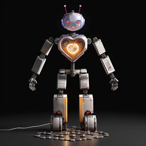 AI generated: A robot with a coin or token in place of a heart inside its metallic chest, standing in front of a b...