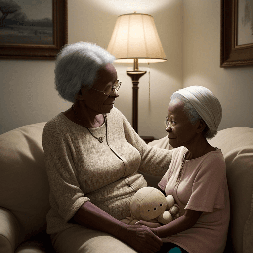 AI generated: The cosy glow of a lamp casts a soft light across the room, where an elderly African woman in her 70...
