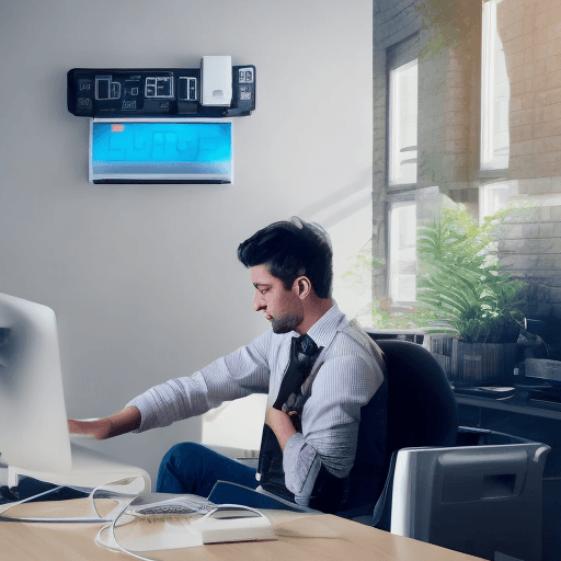 AI generated: Electric battery charging in a work office. Man working at his desk.