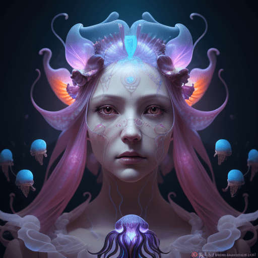 AI generated: Goddess close-up portrait ribcagel. jellyfish phoenix head, nautilus, orchid, skull, betta fish, bio...
