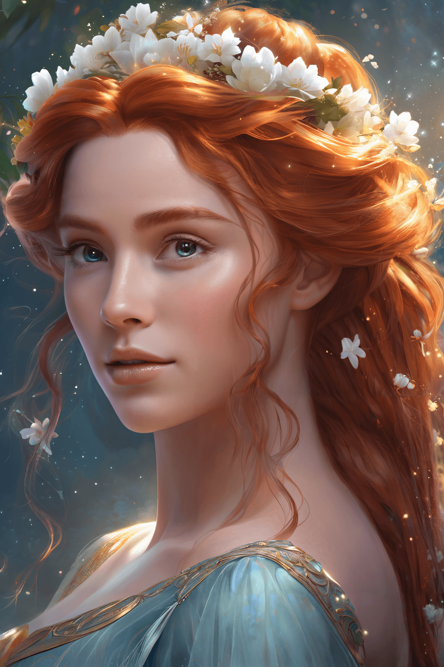 AI generated: ethereal fantasy concept art of Masterpiece,Best Quality Disney princess with ginger hair, white flo...