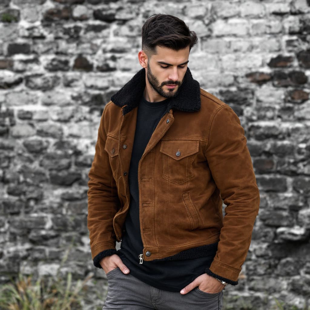 AI generated: a man wearing a suede leather jacket with black tee and grey color denium and brown leather boots