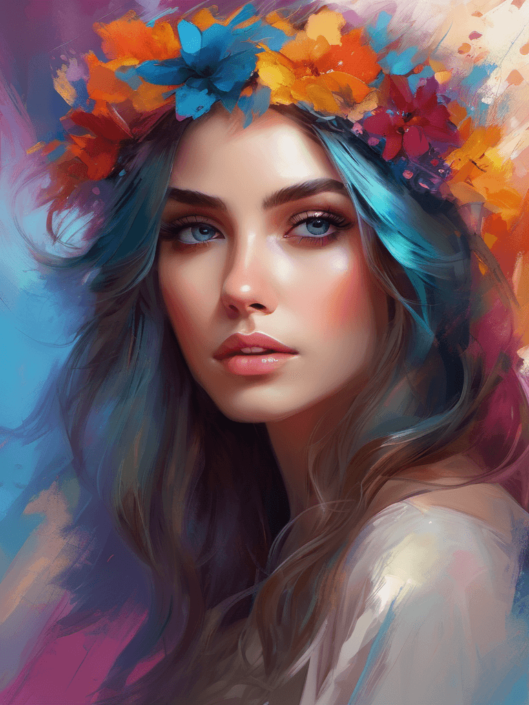 AI generated:  portrait of a girl, ethereal beauty, perfect eyes, makeup, goddess, vibrant colors, brush strokes, ...