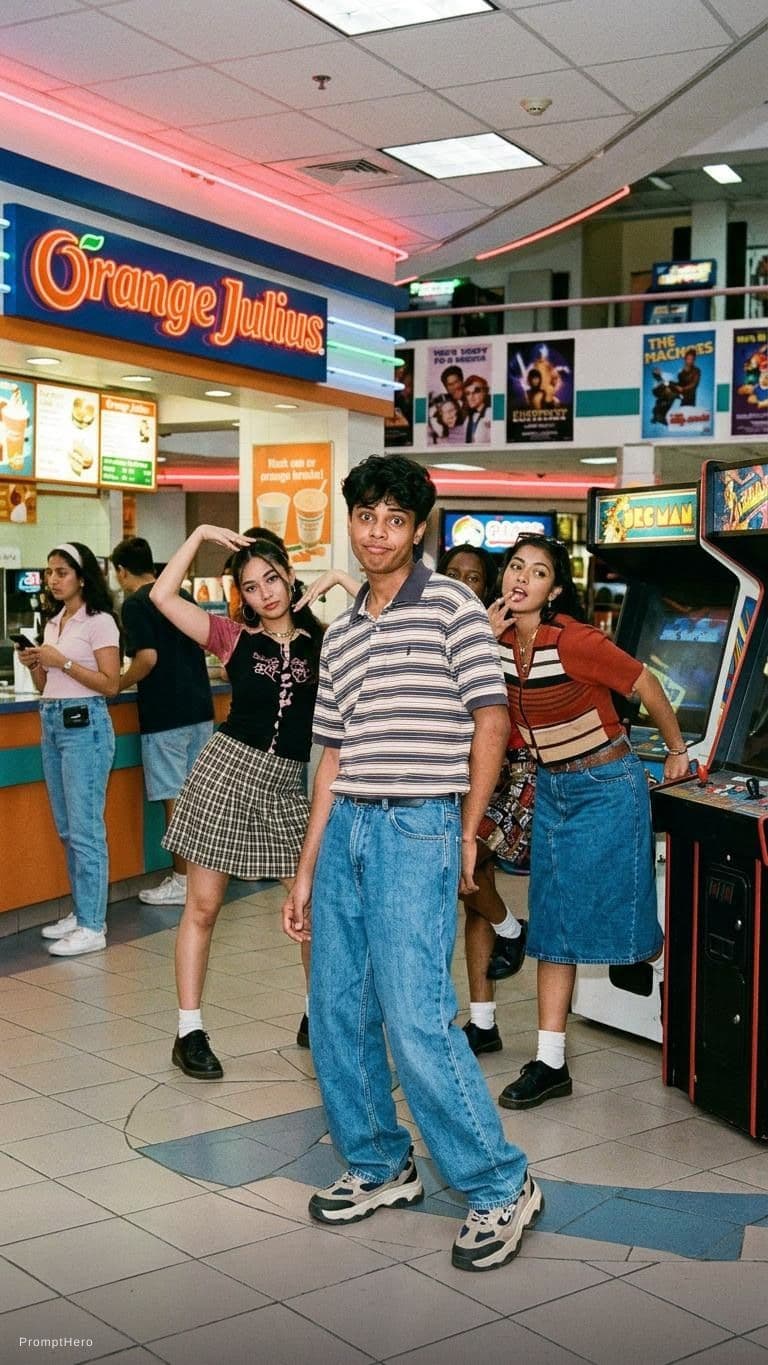 AI generated: Midjourney prompt: Kooky portraits of 90’s mall teens in retro clothi..