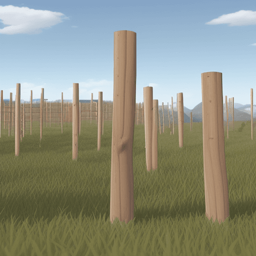 AI generated:  1 wooden stakes planted in the ground, tip upwards, aligned and spaced 1.5m apart, they measure 1.5...