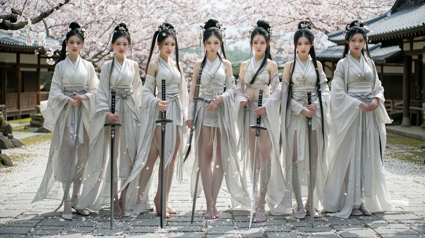 AI generated: "A group of seven fierce, Japanese superheroines standing together in a serene feudal Japanese villa...