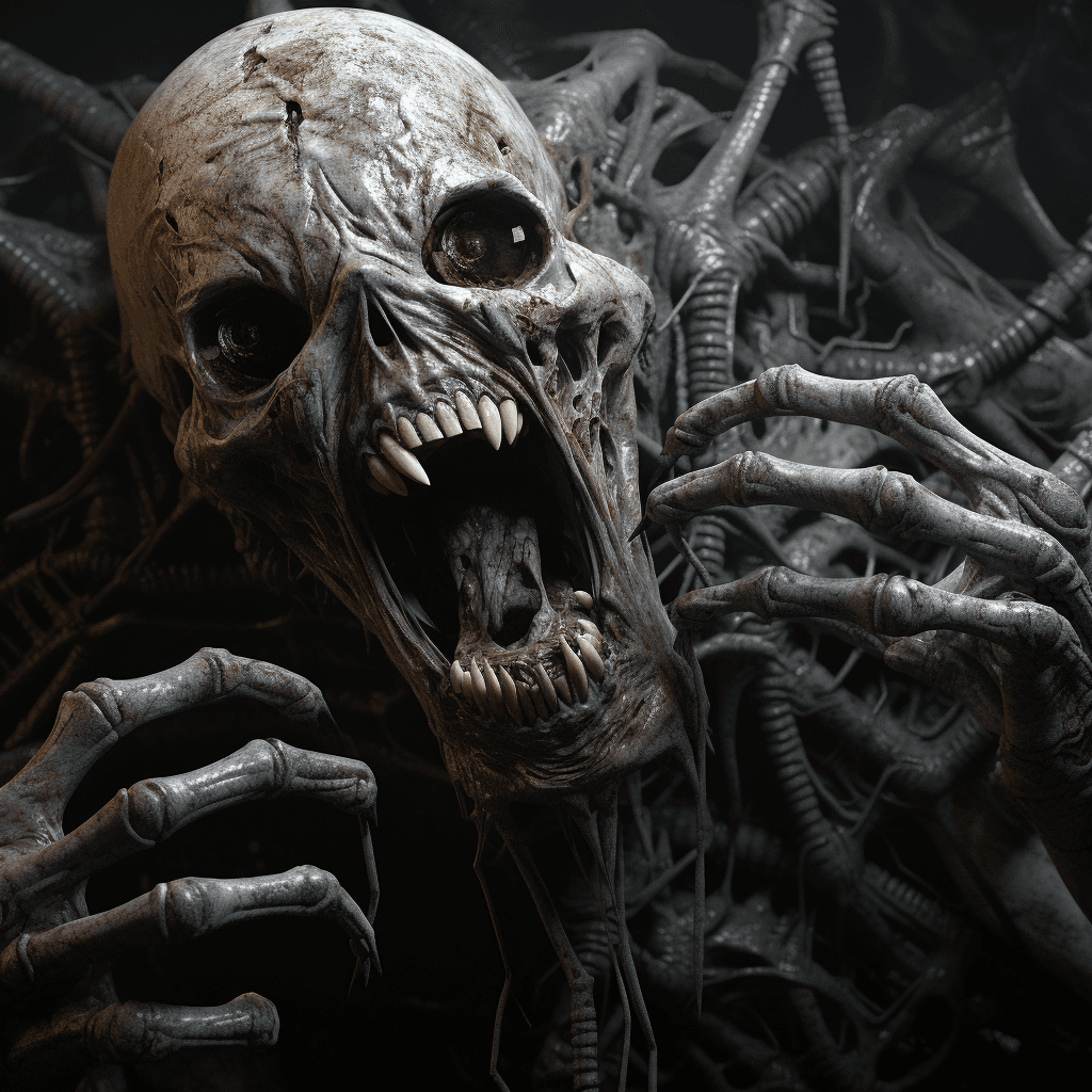 AI generated: human spider head, mutant creature with huan head and spider legs from his mouth, bizarre, by gustav...