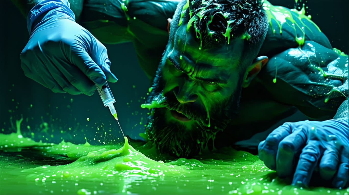 AI generated: Australian alpha male, wrestles with two vaccine orderlies while a doctor injects him with a green g...