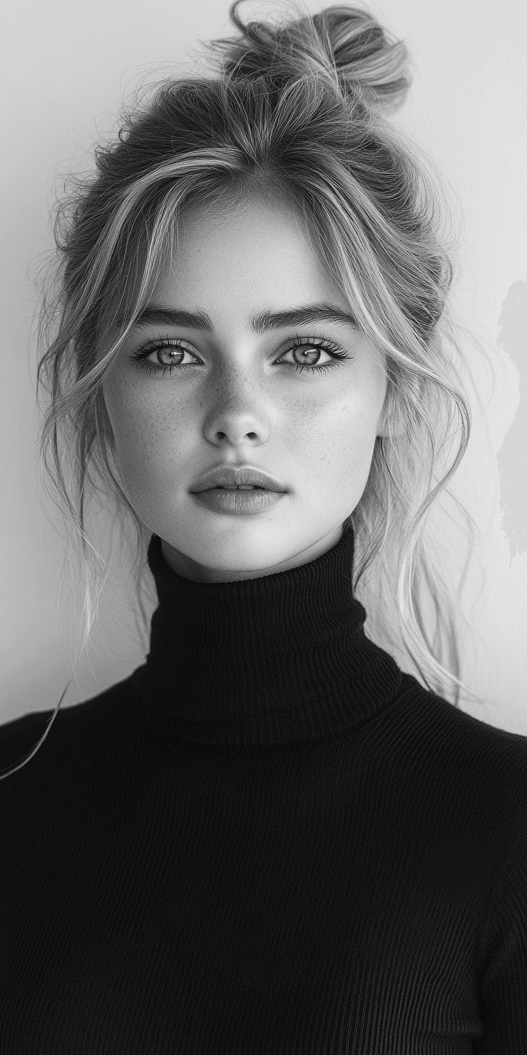 AI generated: Headshot portrait of a young blonde woman with a ponytail, wearing a black turtleneck sweater, looki...