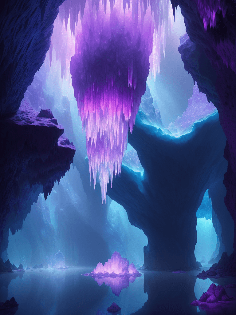 AI generated: A stunning, luminous crystal cavern deep underground, with massive glowing crystals in shades of blu...