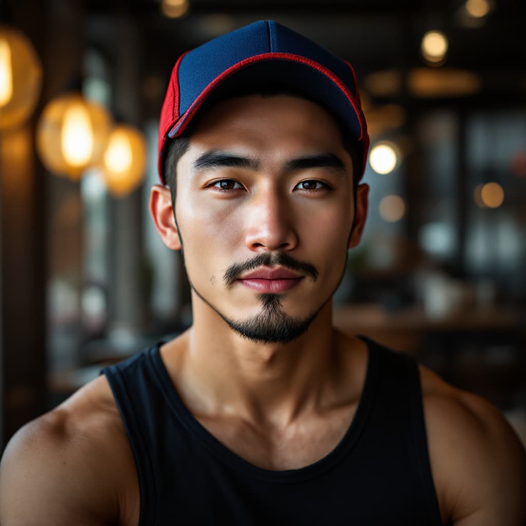 AI generated: "A highly realistic portrait of an Asian man with a stylish red and blue cap, well-groomed slight be...