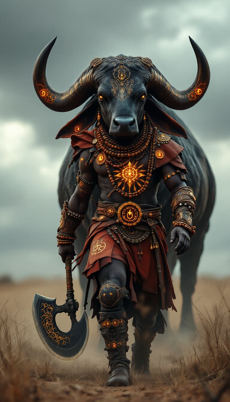 AI generated: An ultra-realistic, wide angle, front facing, full-body portrait of a skilled African Beastmaster, d...