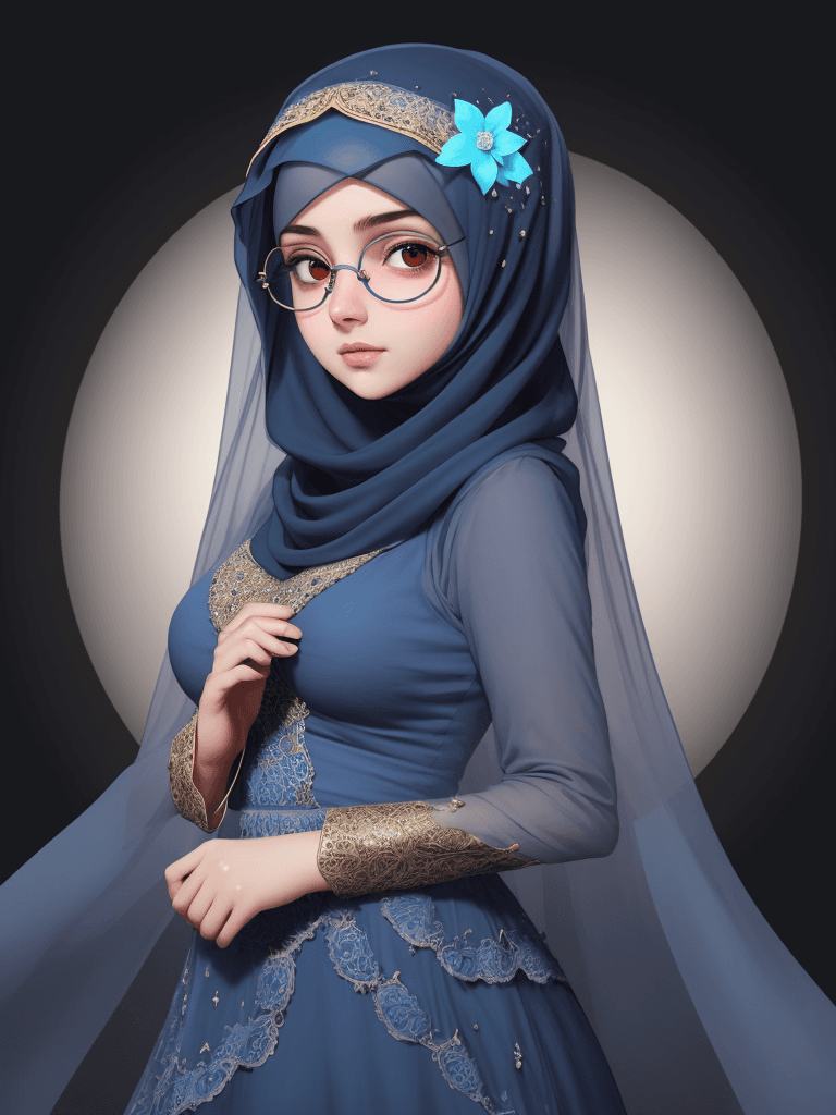 AI generated: beautiful girl in Muslim dress with round face and wearing round glasses, veil, background blue ligh...