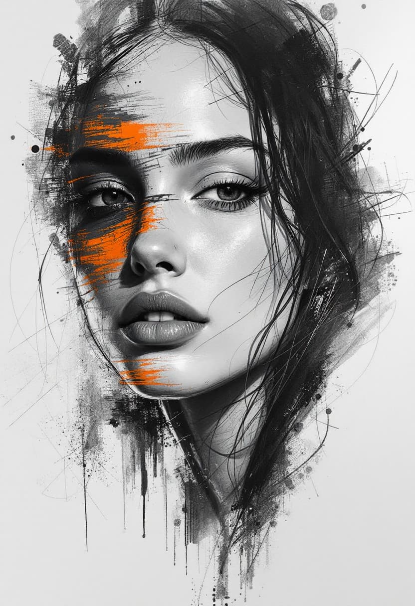 AI generated: Female face sketch, expressive lines in a beautiful portrait style. Black and white and orange still...