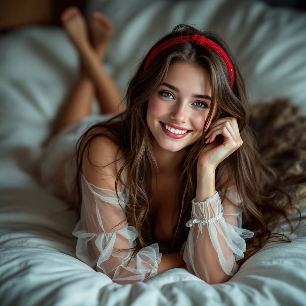 AI generated: Cute, pretty Russian girl with long hair wearing a transparent shirt , total body and red headband l...