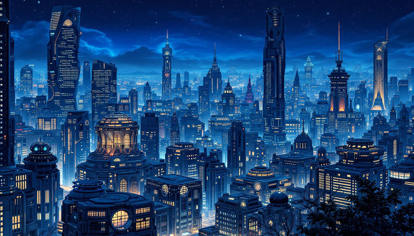 AI generated: Futuristic fantasy city at night.  Many buildings. 
