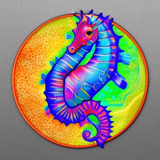 AI generated: Seahorse, colorful hippocampus inside a circle that acts as a frame, whole body, happy, sticker, kaw...