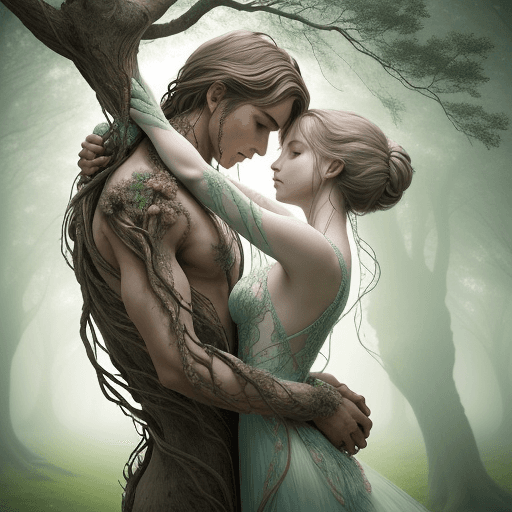 AI generated: A captivating surreal artwork featuring a mesmerizing fusion of human and nature. A male and female ...