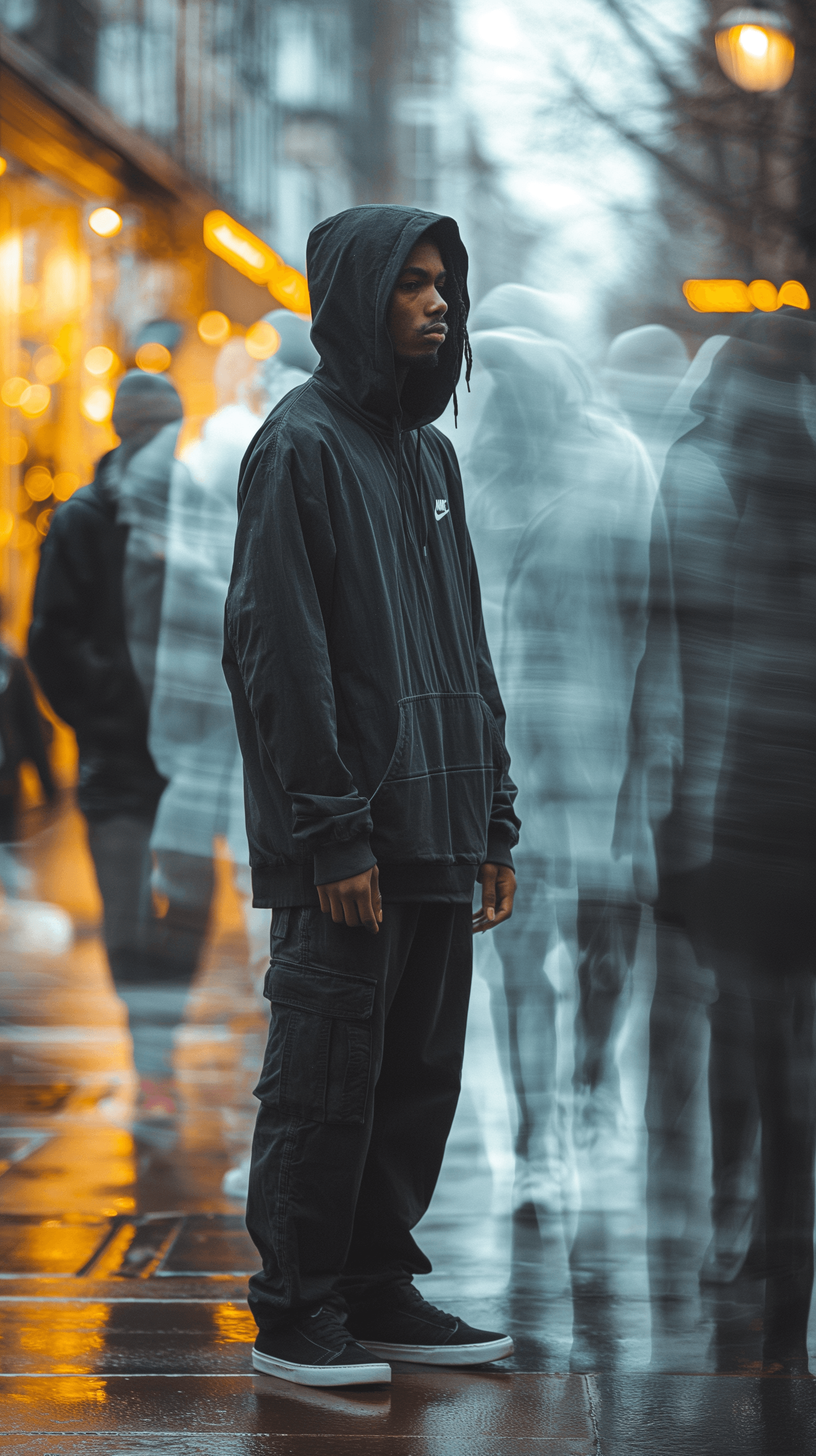 AI generated: photoraphy, artistic image capturing the essence of urban hustle with a single focused male proffesi...