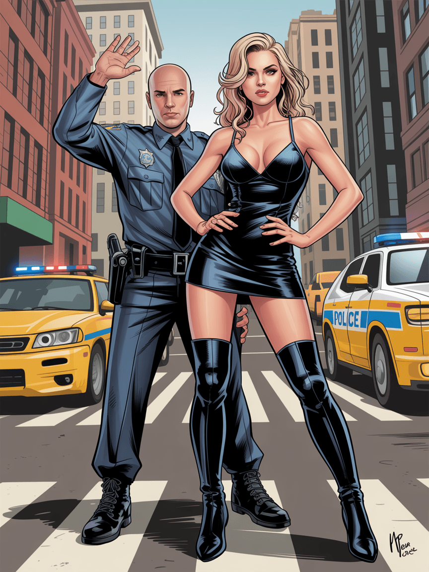 AI generated: Dynamic Comic illustration. A bald policeman wearing a New York police uniform is standing with his ...