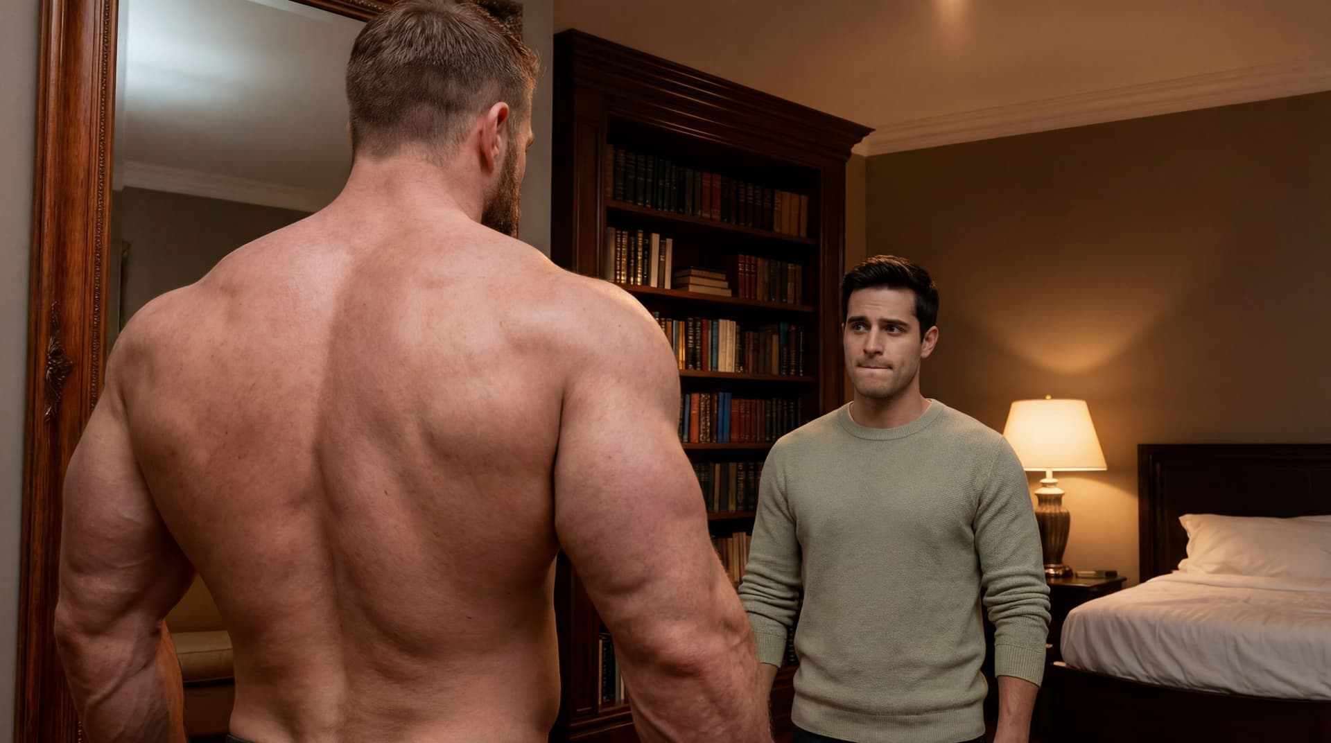 AI generated: 
The bodybuilder is tall and has big muscular arms.

The bodybuilder has turned around. 

There is a...