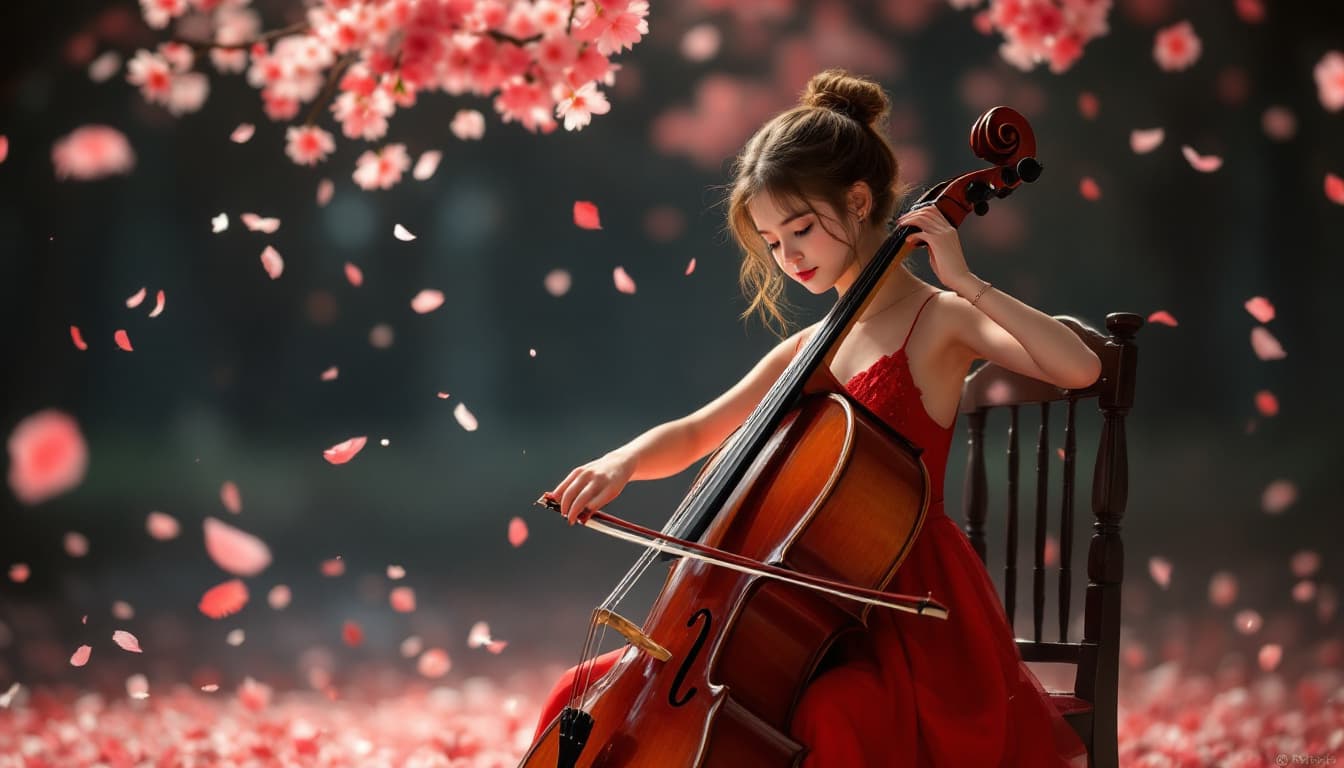 AI generated: A girl in a red dress sits on a chair and plays the cello. Cherry blossom petals fall sparkling.