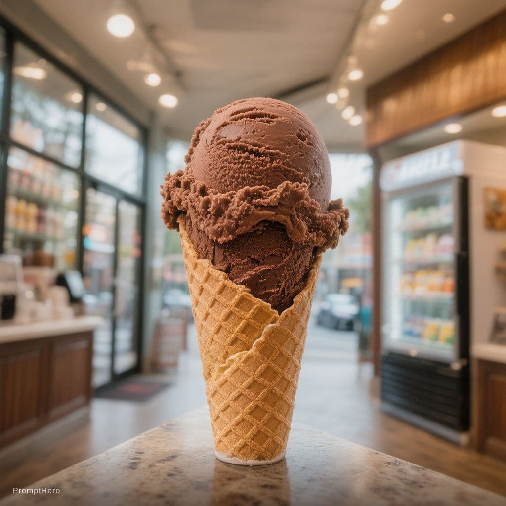 AI generated: INSIDE A ICE CREM STORE, A CHOCOLATE ICE CREAM CONE IS PLACED INSIDE A THE MIDDLE OF THE ICE STORE, ...