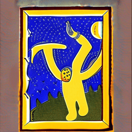 AI generated: A jester standing on a hill, stars in sky, moon with face in sky, alchemical art, medieval woodcut a...