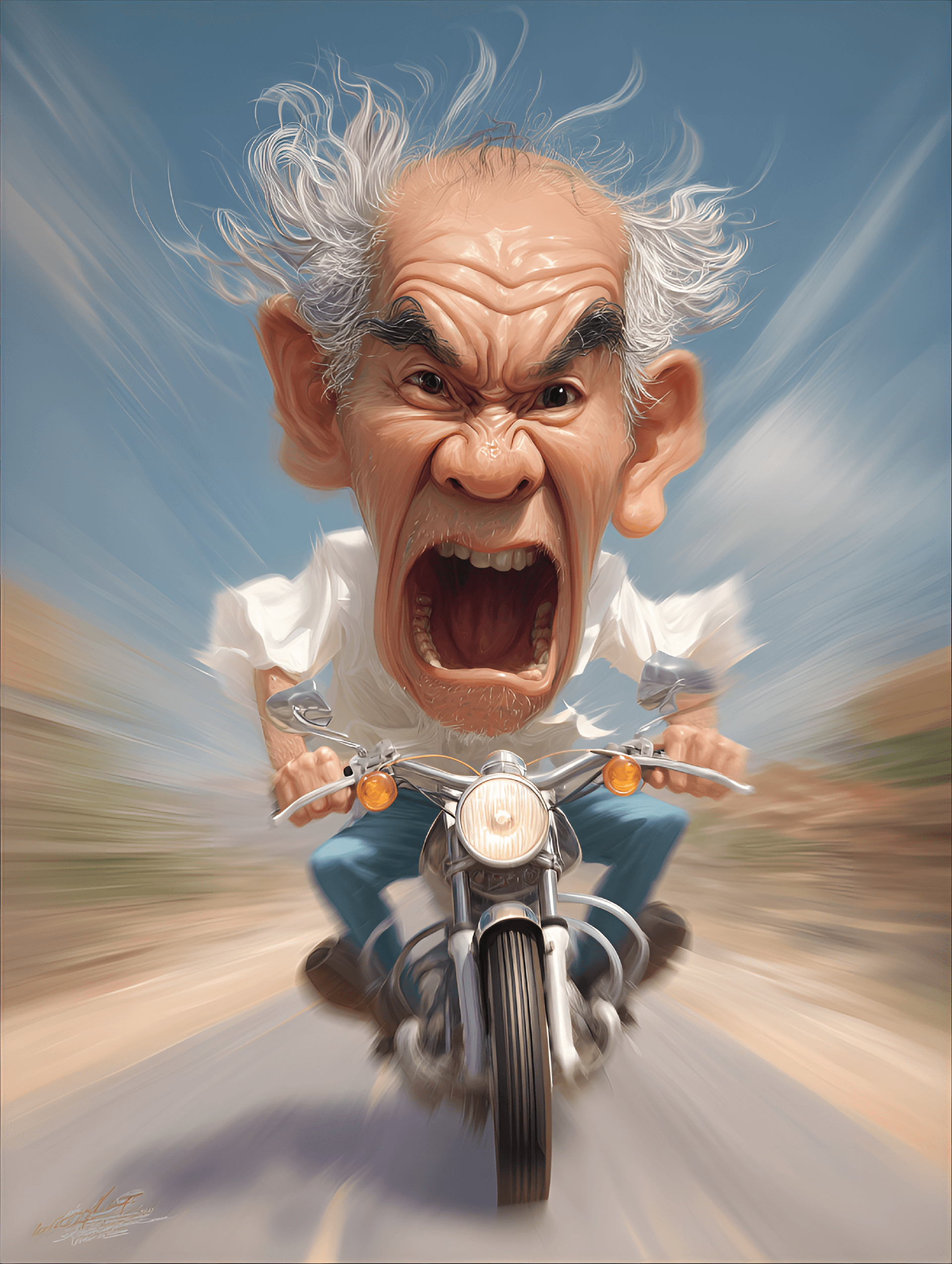 AI generated: funny caricature, funny elderly man on motorcycle caricature, elderly southeast asian male, 70 years...