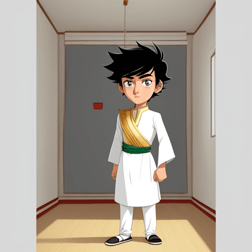 AI generated: Poster of a cartoon character drawn of a teenager, his hair is black,  wearing an Omani dishdasha, d...