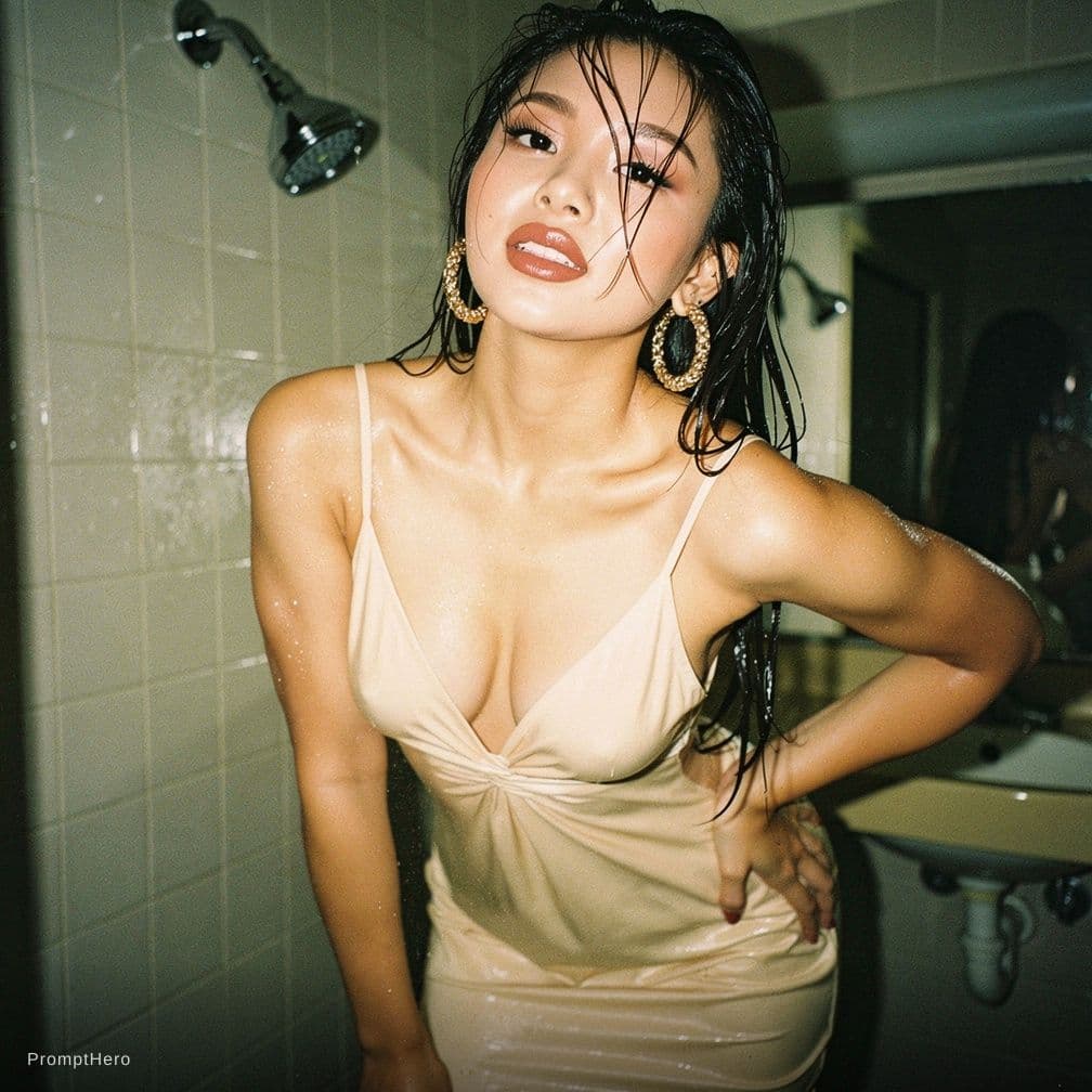 AI generated: inside motel showers, wet hair, wet body, tight wet dress, transparent dress, huge breasts inside dr...