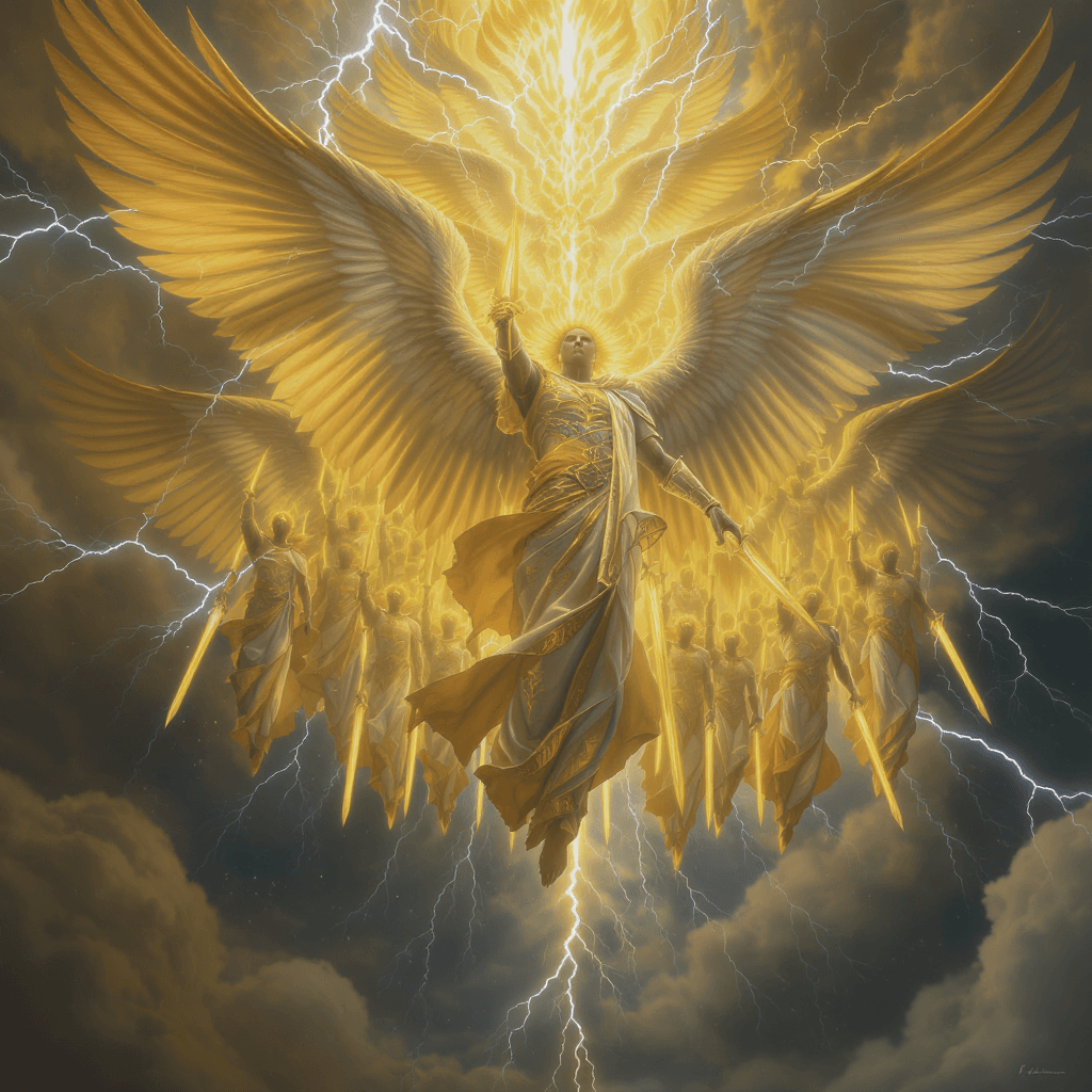 AI generated: 57 powerful Black African angels descending from the heavens in perfect formation. Each angel has ma...