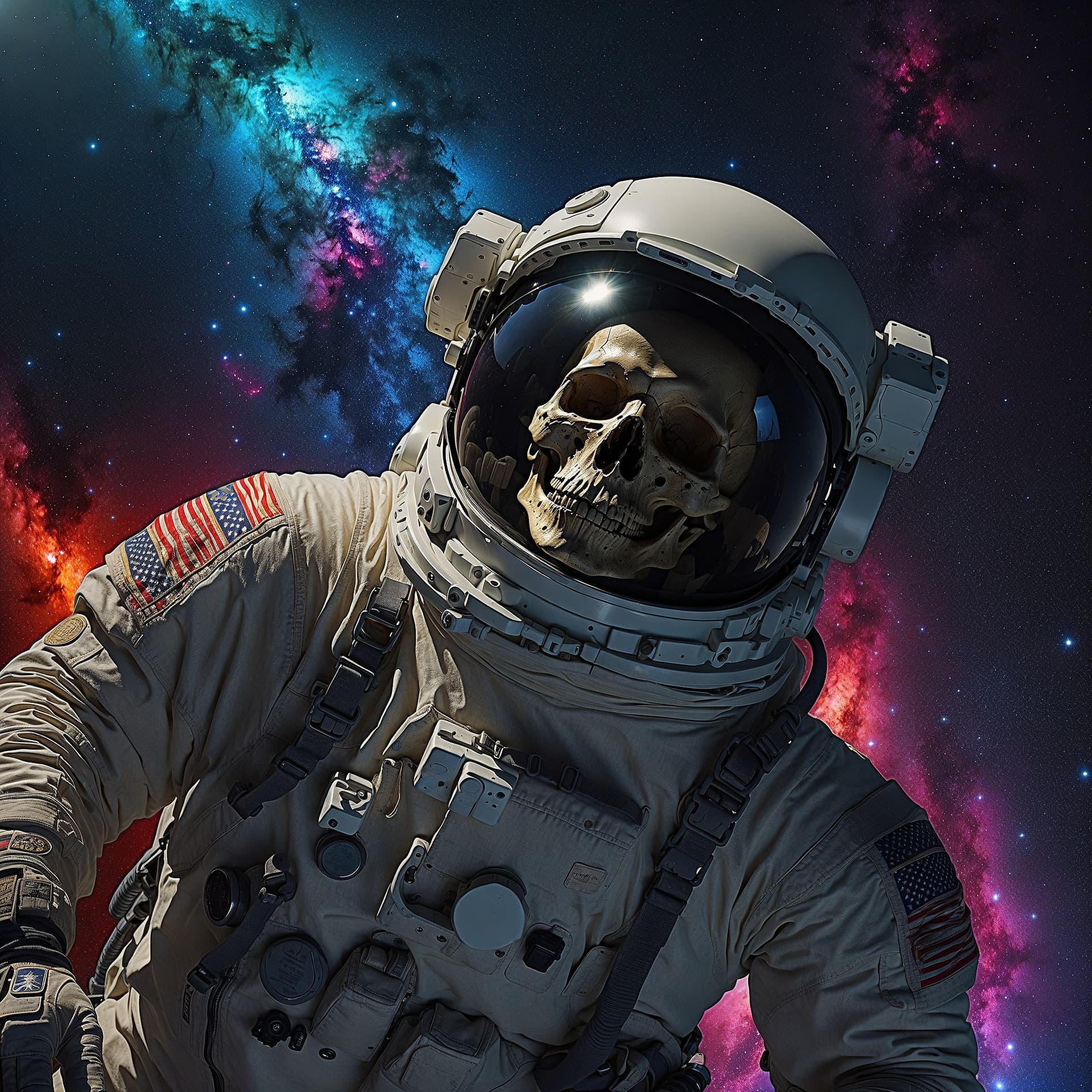 AI generated: An astronaut turned into a skull floats in the abyss of space, surrounded by a cosmic ocean of galax...