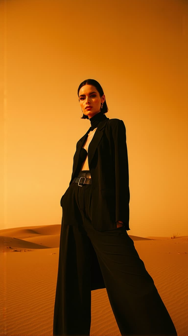 AI generated: background is Modern desert city, less 30 year old model, wear prada style cloth, black modern hair,...