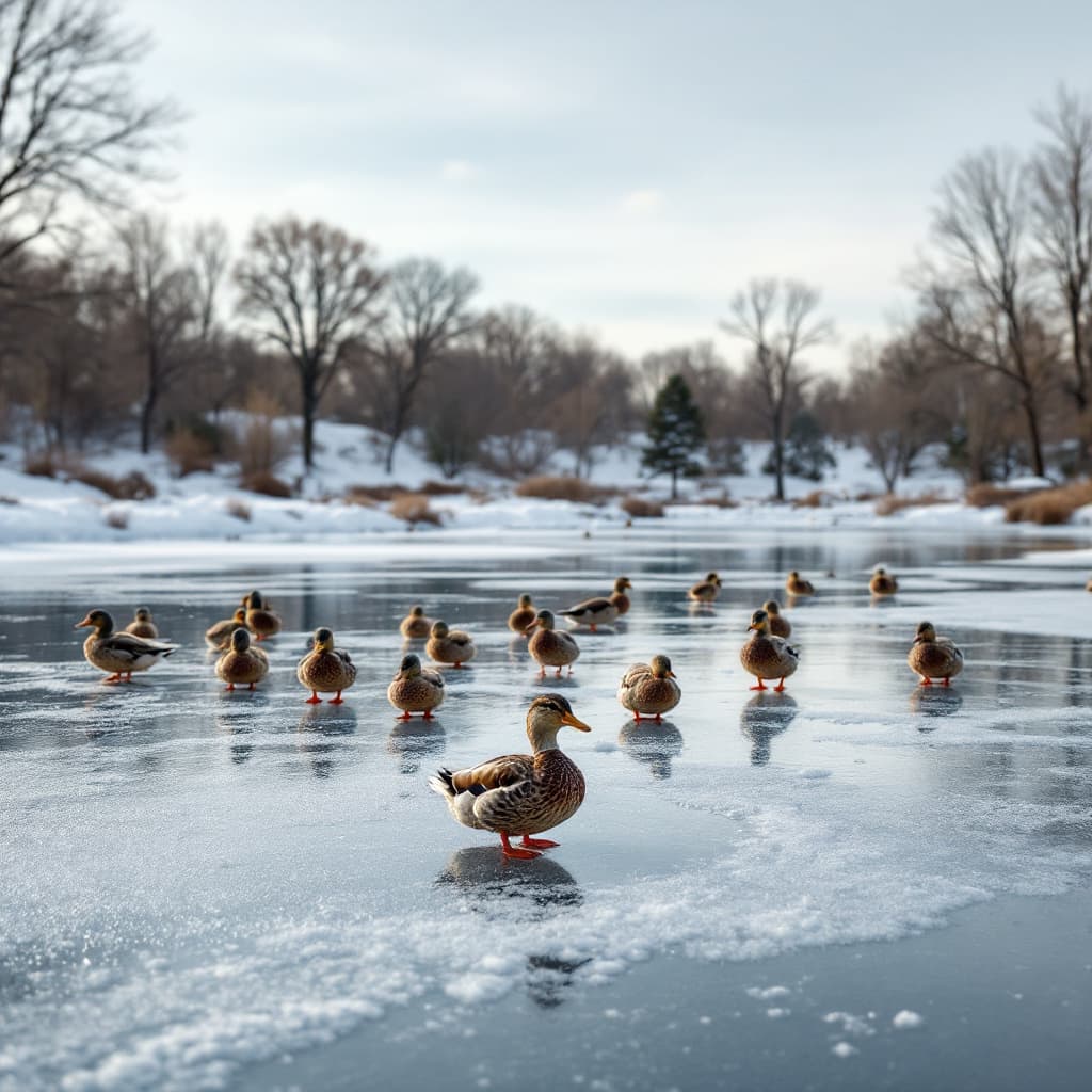 AI generated: 3D frozen pond with ducks waddling on the ice in an Oklahoma park