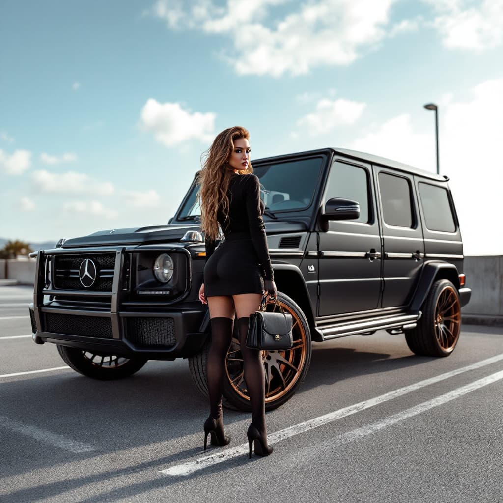 AI generated: young american caucasian woman dressed in black stockings and skirt,, holding a black luxury hand ba...