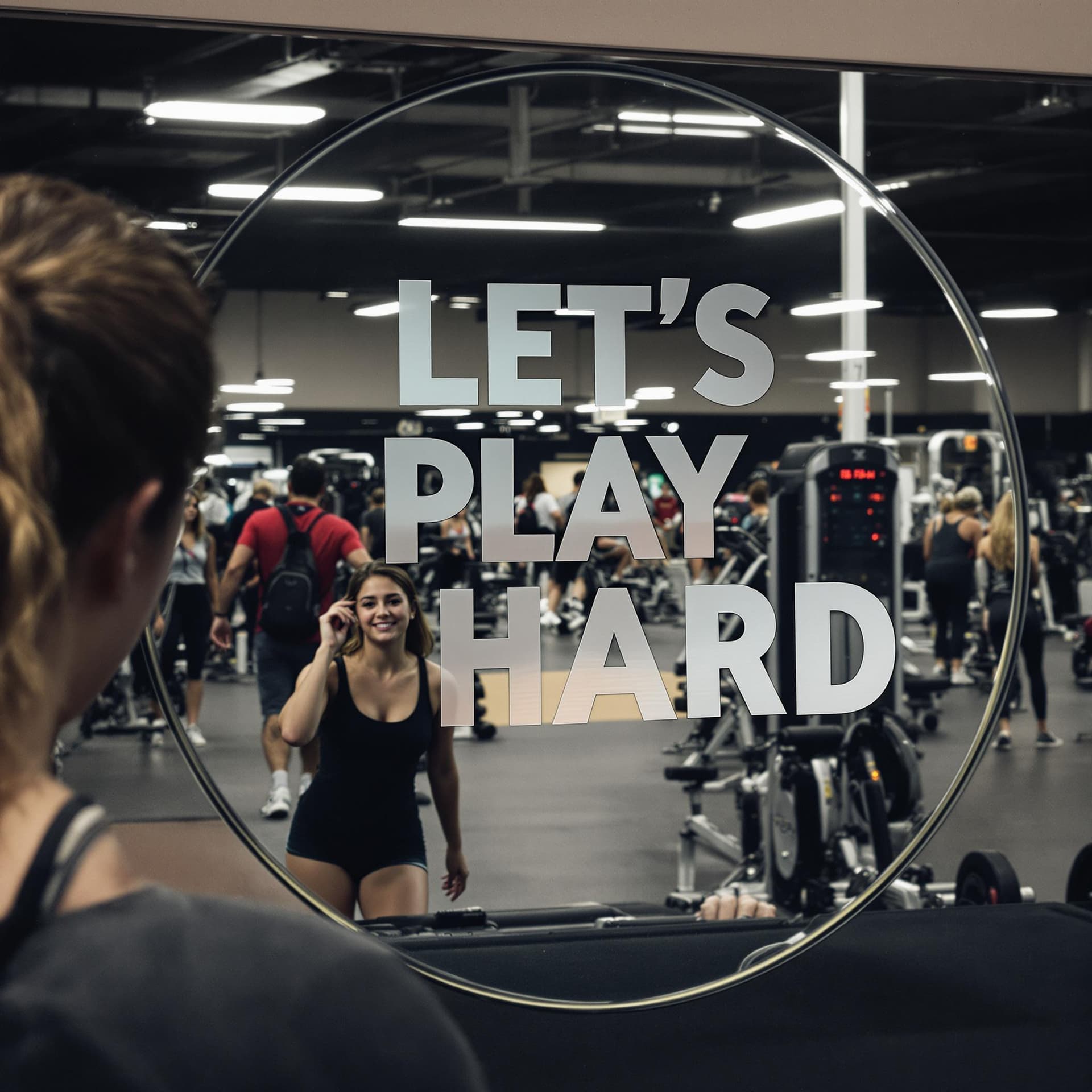 AI generated: A mirror that reflects a young female with a slogan that says, Let's Play Hard, A gym with lots of m...