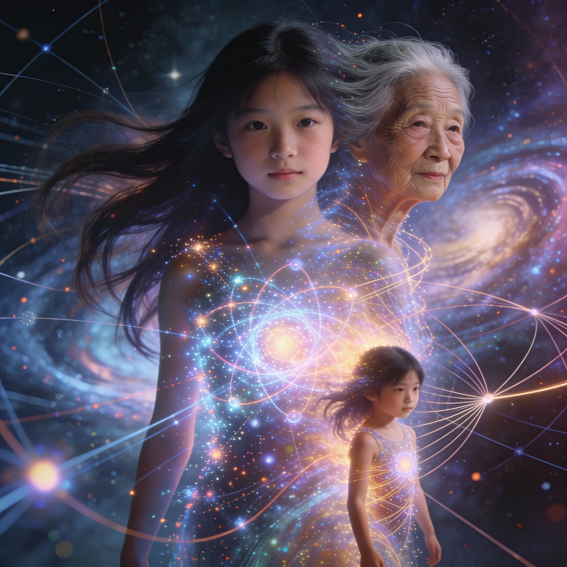AI generated:  Psychedelic, surreal, Quantum physics and string theory of a young Asian girl with long flowing hai...