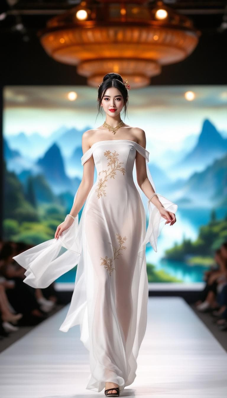 AI generated: A beautiful Chinese model, with a black bun, wearing a stunning traditional Chinese white translucen...