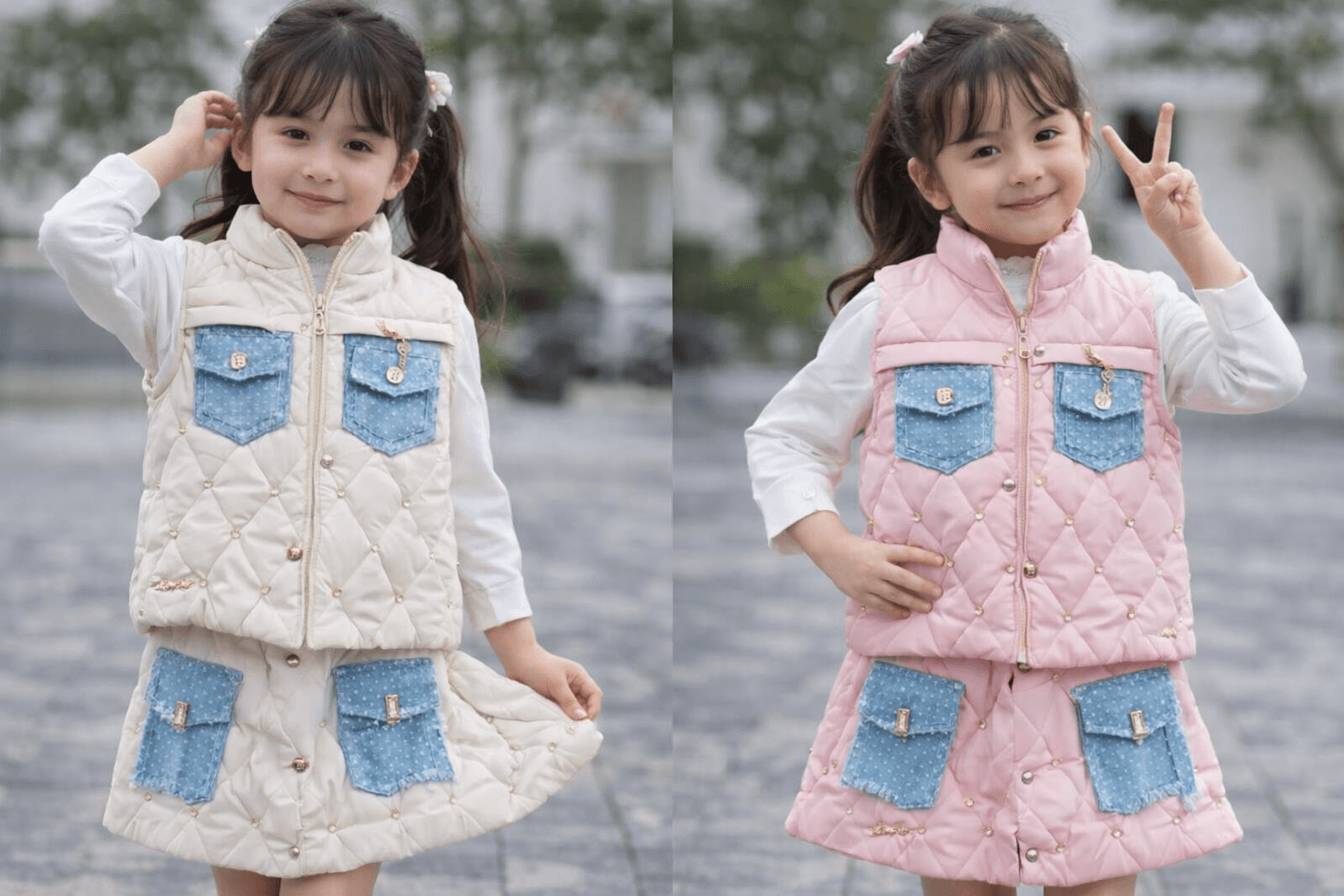 AI generated: A complete image of 2 girls wearing this clothes with different poses