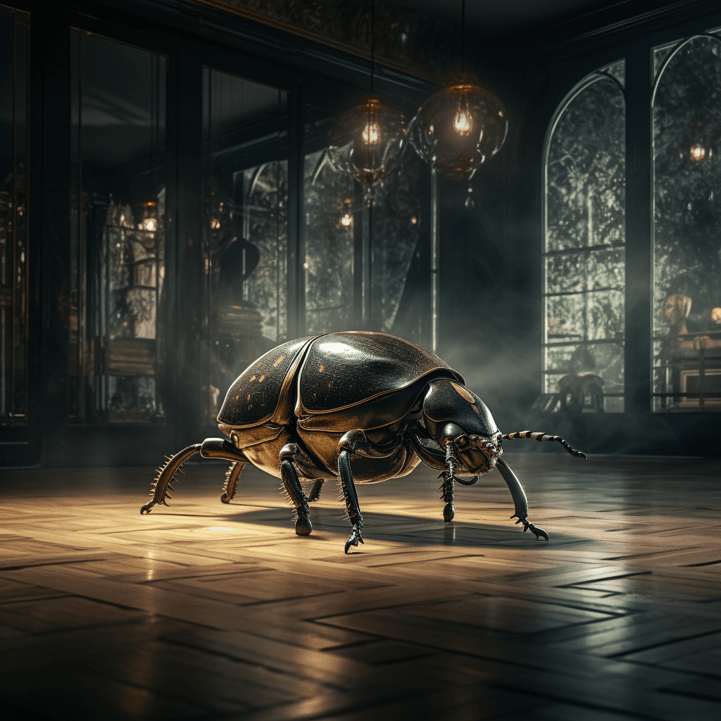 AI generated: giant beetle two meters long in a dark room with decoration from the year 1970, side view, window, n...