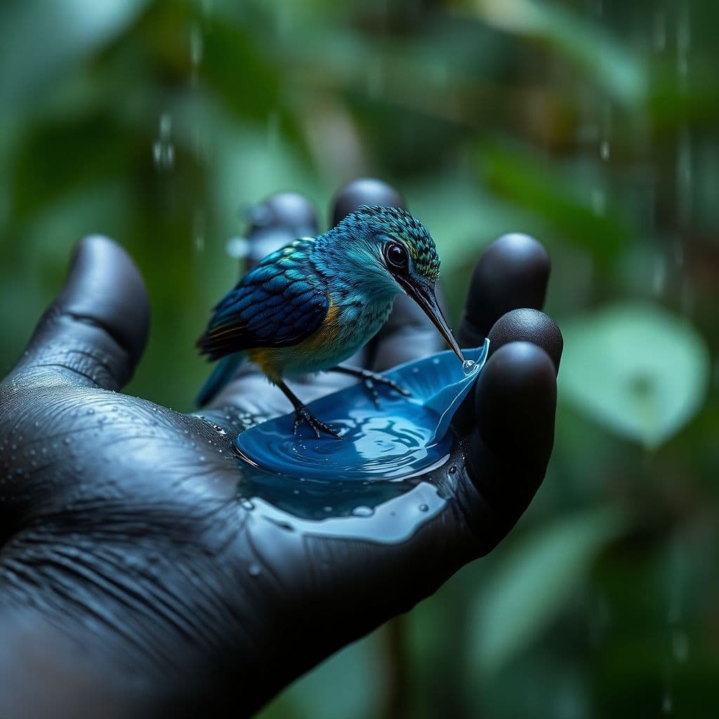 AI generated: Kolibri sitting in the palm of my black  hand and drinks water from a blue leaf, very beautiful and ...