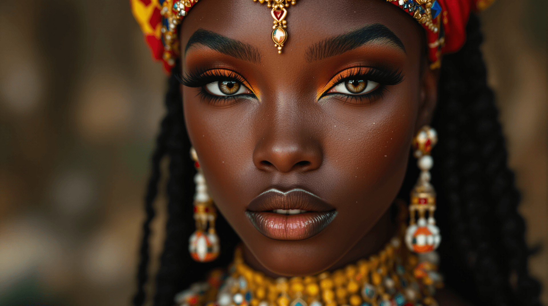 AI generated: Full face view of a ultra realistic of an African queen of Sheba very sultry look, beautiful charism...